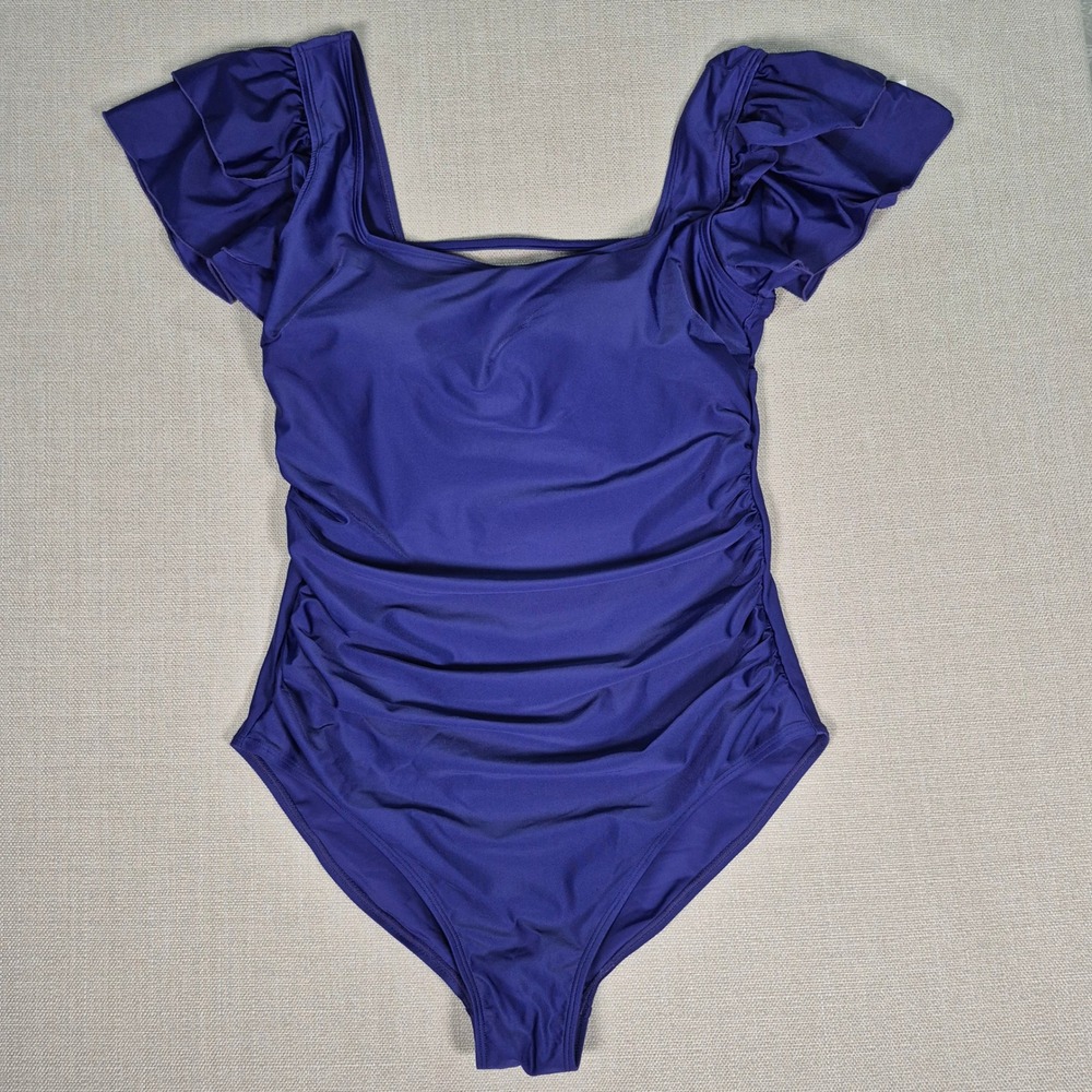 Eomenie Purple Ruffle Sleeve Ruched Tummy Control One Piece Swimsuit Large